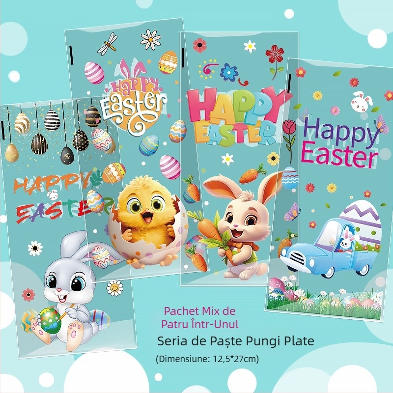 Sac OPP plat pentru Paște, cu model iepure și ouă, pentru ambalarea biscuiților și cadourilor dulci; plastic, fără logo, tăiere cu lamă plată; marcă Yiwu kunfa