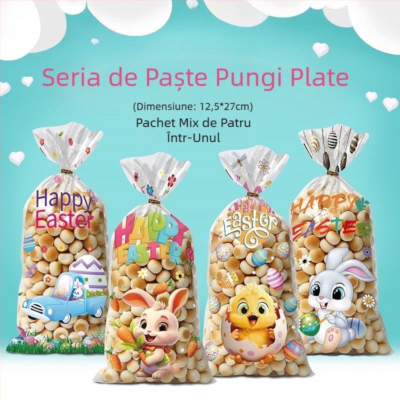 Sac OPP plat pentru Paște, cu model iepure și ouă, pentru ambalarea biscuiților și cadourilor dulci; plastic, fără logo, tăiere cu lamă plată; marcă Yiwu kunfa