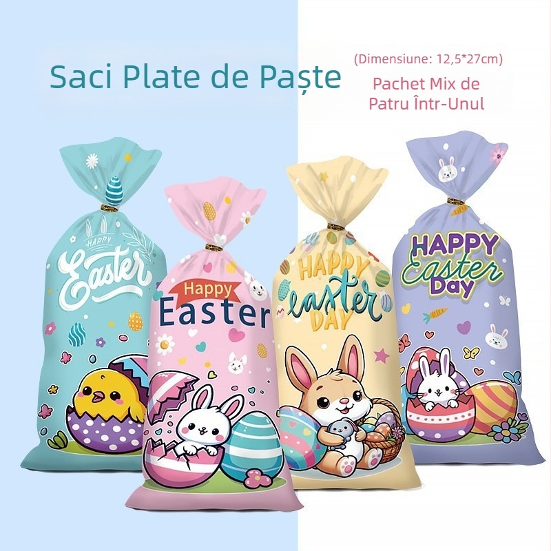 Sac OPP plat pentru Paște, cu model iepure și ouă, pentru ambalarea biscuiților și cadourilor dulci; plastic, fără logo, tăiere cu lamă plată; marcă Yiwu kunfa