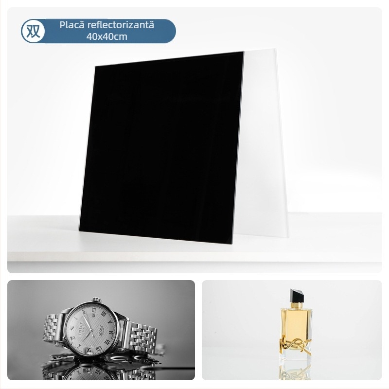 Tavă de fundal din sticlă securizată pentru fotografia de produse; suprafață reflectatoare; greutate 200–800 g