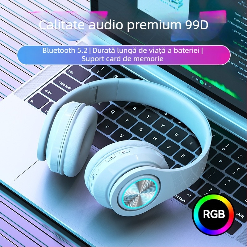Căști Bluetooth fără fir pentru cap, iluminare LED, bas puternic, Bluetooth 5.2, rază 10 m, IPX3
