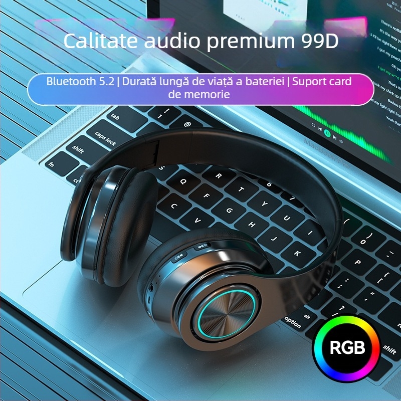 Căști Bluetooth fără fir pentru cap, iluminare LED, bas puternic, Bluetooth 5.2, rază 10 m, IPX3