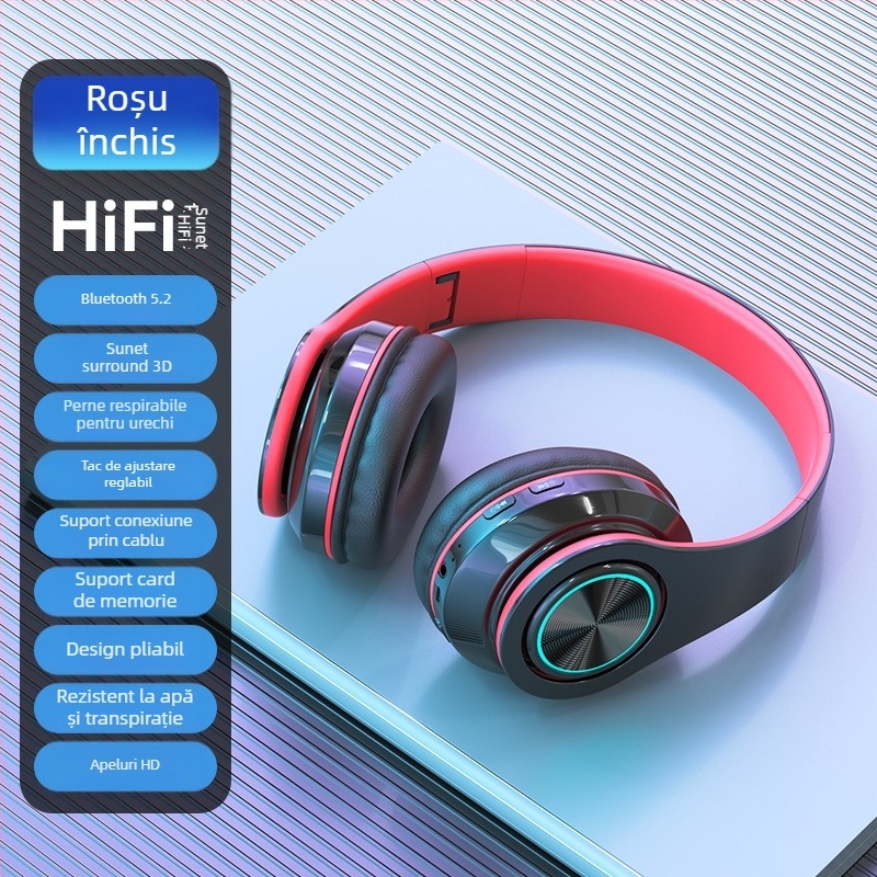 Căști Bluetooth fără fir pentru cap, iluminare LED, bas puternic, Bluetooth 5.2, rază 10 m, IPX3