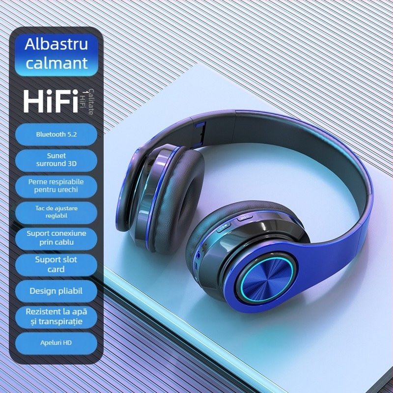 Căști Bluetooth fără fir pentru cap, iluminare LED, bas puternic, Bluetooth 5.2, rază 10 m, IPX3