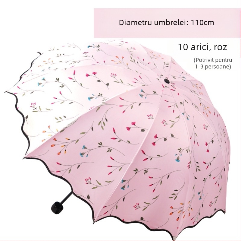 Umbrelă de soare pliabilă pentru adulți — 8 brațe de oțel, protecție UV UPF 50+, design cu trei pliuri, deschidere manuală, greutate 320 g.