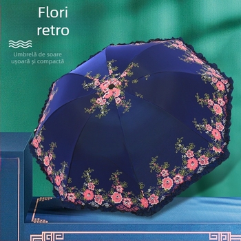 Umbrelă pliabilă retro pentru soare și ploaie, deschidere manuală, ramă din oțel cu 8 brațe, țesătură 190T, UPF 40+