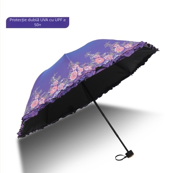 Umbrelă pliabilă retro pentru soare și ploaie, deschidere manuală, ramă din oțel cu 8 brațe, țesătură 190T, UPF 40+