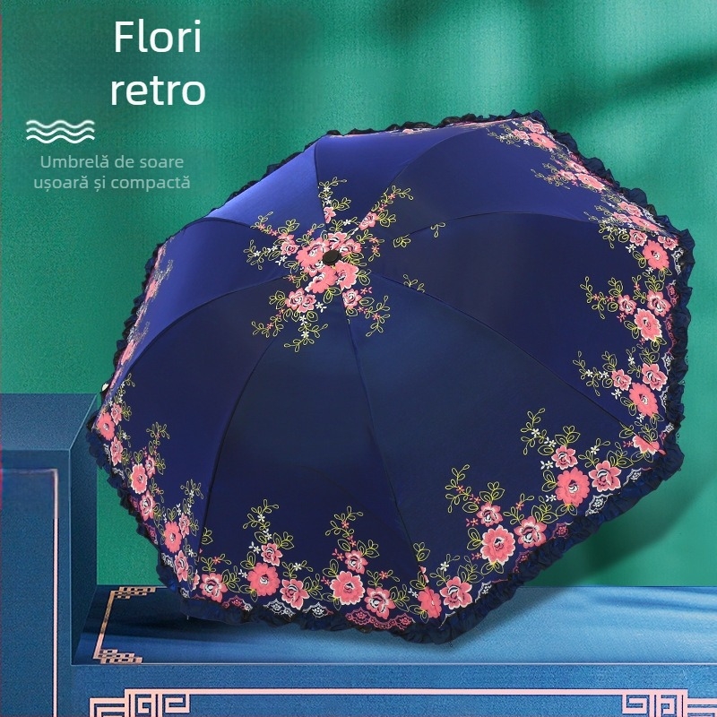 Umbrelă pliabilă retro pentru soare și ploaie, deschidere manuală, ramă din oțel cu 8 brațe, țesătură 190T, UPF 40+