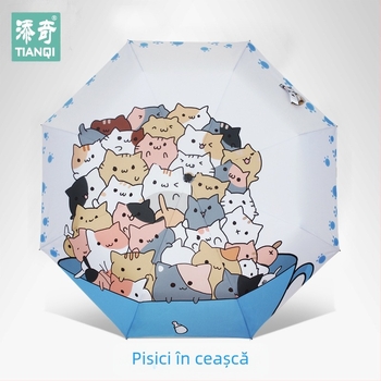 Umbrelă de soare cu pisicuță desen animat - trei secțiuni, deschidere manuală, 8 spițe din oțel, țesătură 190T, UPF 40+