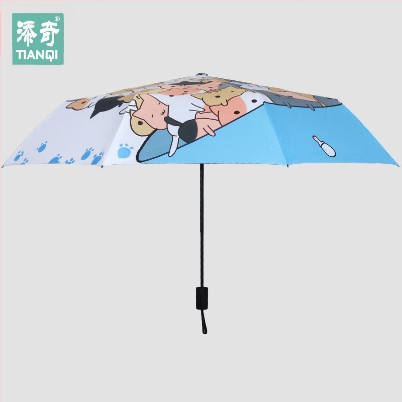 Umbrelă de soare cu pisicuță desen animat - trei secțiuni, deschidere manuală, 8 spițe din oțel, țesătură 190T, UPF 40+