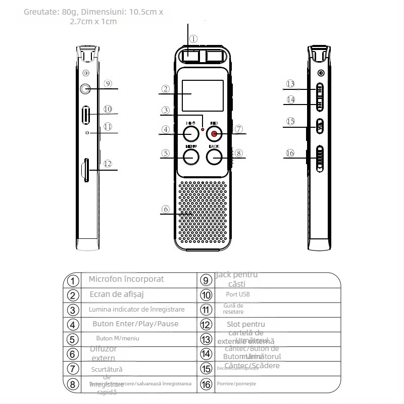 Diktofoni portabil Aomago L87-1 pentru studenți și întâlniri de afaceri – MP3/WAV, timp de înregistrare 2400, card TF, USB 2.0, ecran color
