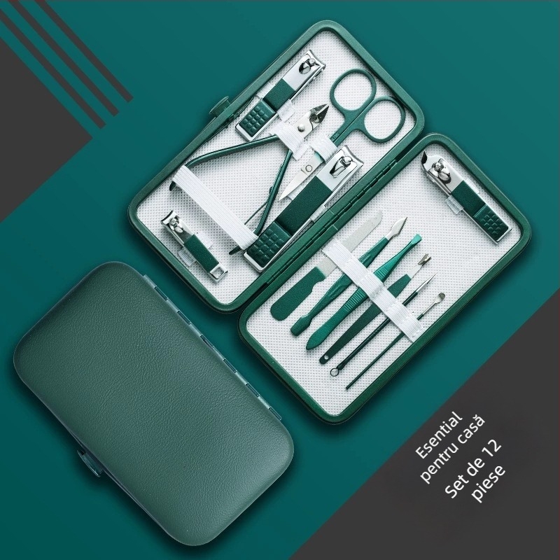 Set de unghii de 18 piese, portabil – materiale: oțel inoxidabil cu finisaj electroplating și oțel carbon; design: portabil, gură plată, înclinată; include pense multifuncționale
