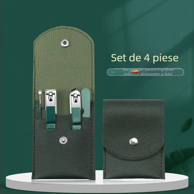 Set de unghii de 18 piese, portabil – materiale: oțel inoxidabil cu finisaj electroplating și oțel carbon; design: portabil, gură plată, înclinată; include pense multifuncționale