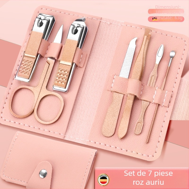 Set de unghii de 18 piese, portabil – materiale: oțel inoxidabil cu finisaj electroplating și oțel carbon; design: portabil, gură plată, înclinată; include pense multifuncționale