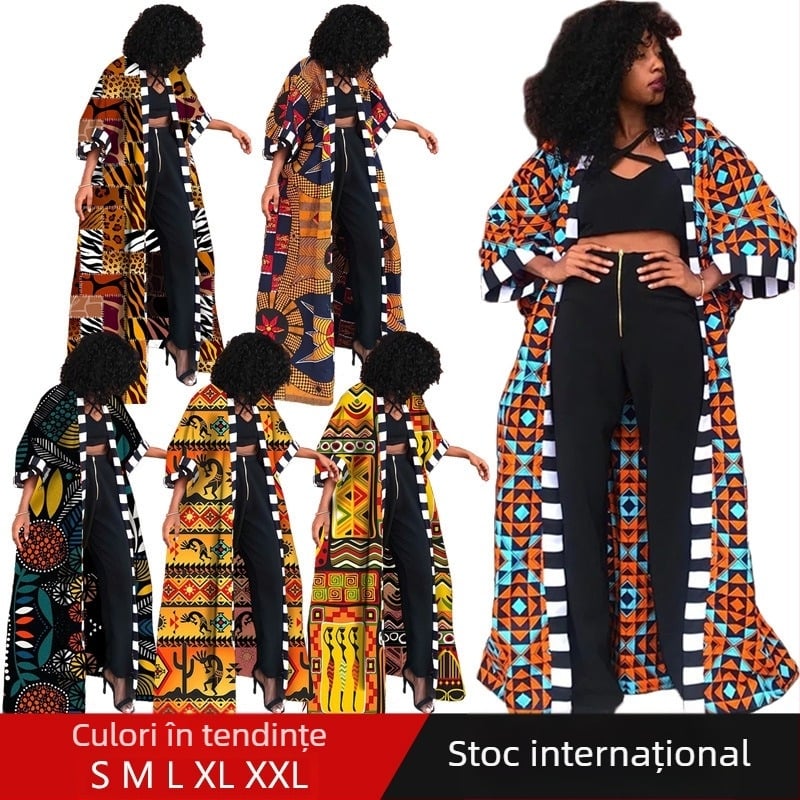 LG001 Palton damă în stil etnic african, kimono-stil, lung, imprimeu geometric, subțire, croială lejeră, mâneci raglan, fără guler, poliester-spandex
