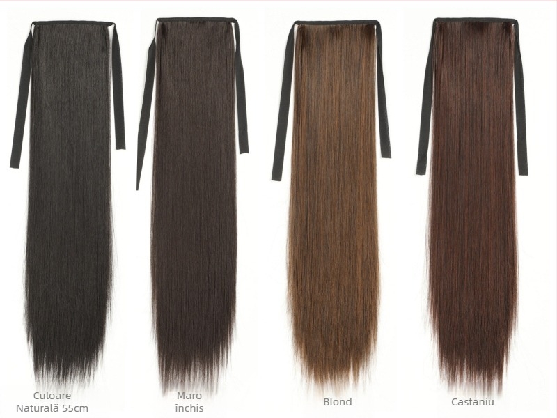 Perucă cu coadă — coadă dublă, păr lung drept, fibre sintetice, rezistente la temperatură, nu poate fi vopsită