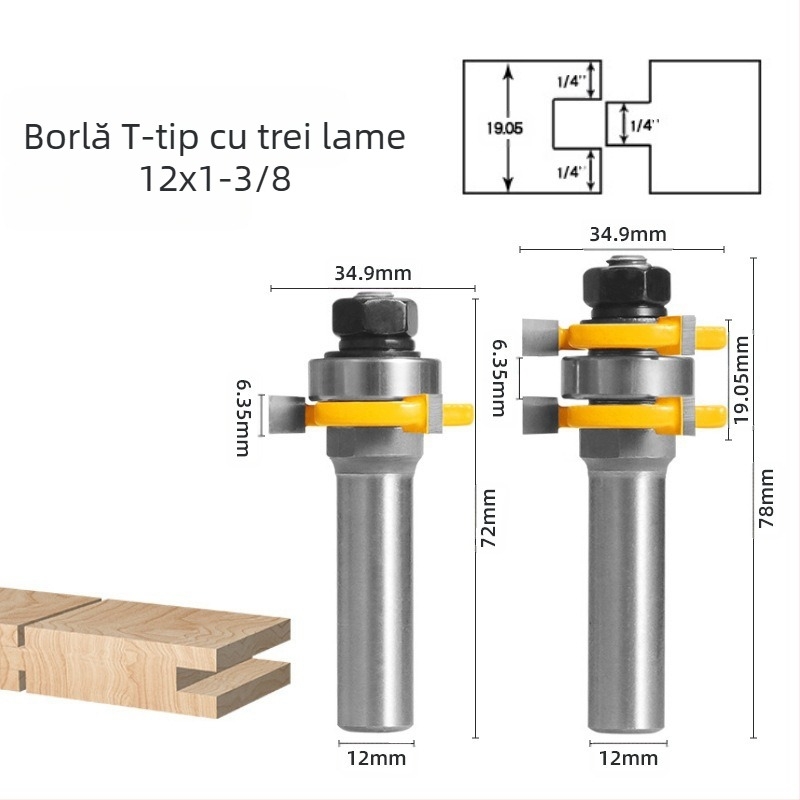 Freză mortise cu trei lame, tip T, pentru frezare lemn, cu rulment unic, lamă de precizie