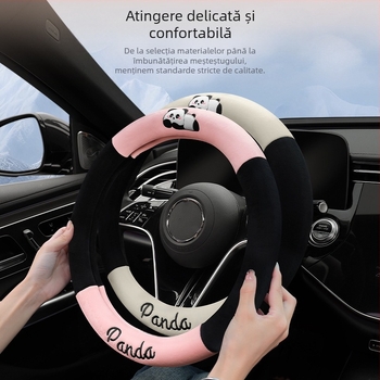 Husa pentru volan auto - potrivire universală; pluș artificial; design panda; utilizare de iarnă; antiderapant