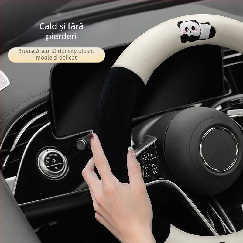 Husa pentru volan auto - potrivire universală; pluș artificial; design panda; utilizare de iarnă; antiderapant