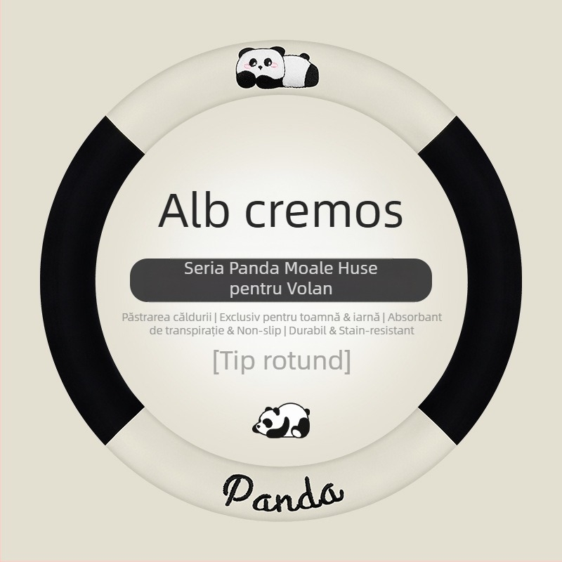 Husa pentru volan auto - potrivire universală; pluș artificial; design panda; utilizare de iarnă; antiderapant