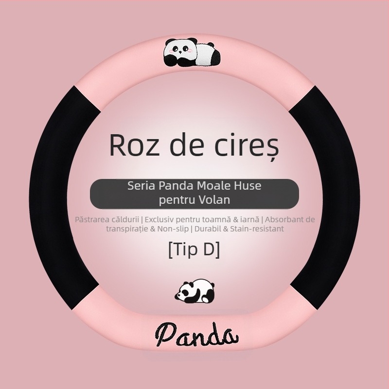 Husa pentru volan auto - potrivire universală; pluș artificial; design panda; utilizare de iarnă; antiderapant