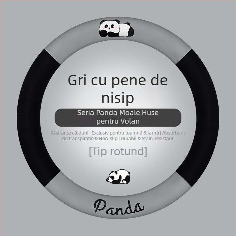 Husa pentru volan auto - potrivire universală; pluș artificial; design panda; utilizare de iarnă; antiderapant