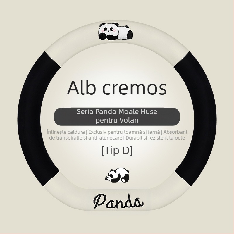 Husa pentru volan auto - potrivire universală; pluș artificial; design panda; utilizare de iarnă; antiderapant
