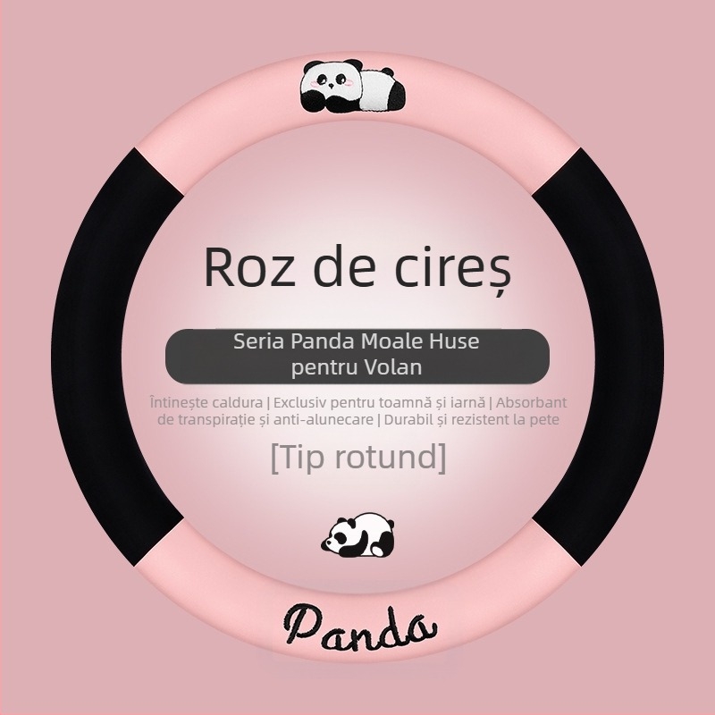 Husa pentru volan auto - potrivire universală; pluș artificial; design panda; utilizare de iarnă; antiderapant