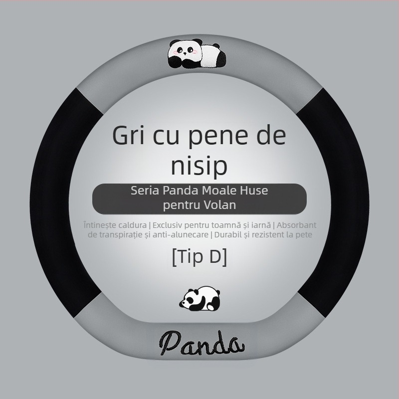 Husa pentru volan auto - potrivire universală; pluș artificial; design panda; utilizare de iarnă; antiderapant