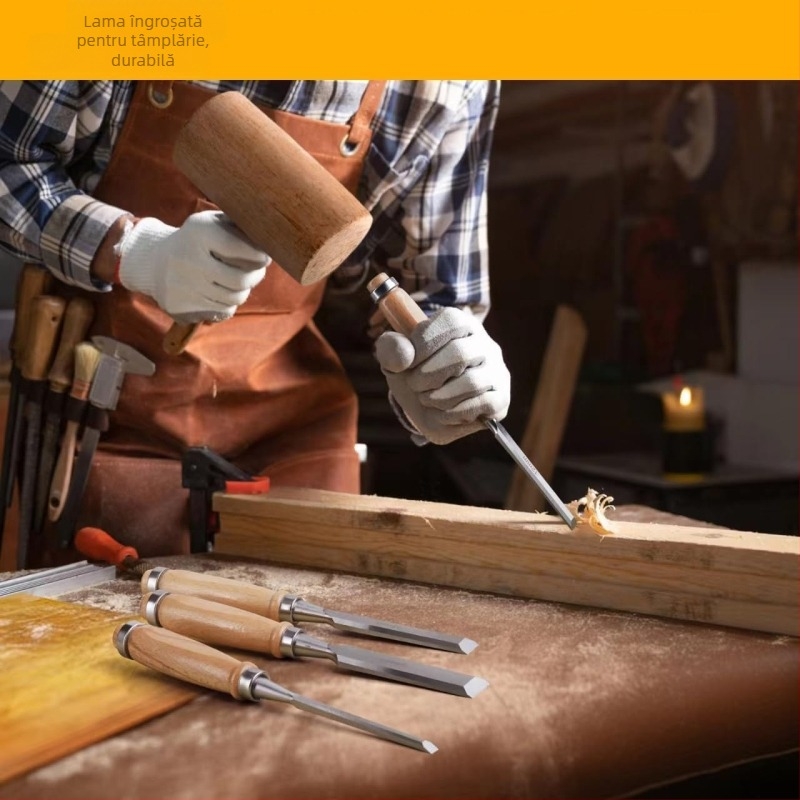 Set de 4 dălți semicirculare pentru tâmplărie, lamă din oțel instrument, mâner din lemn, cap circular pentru sculptură în lemn