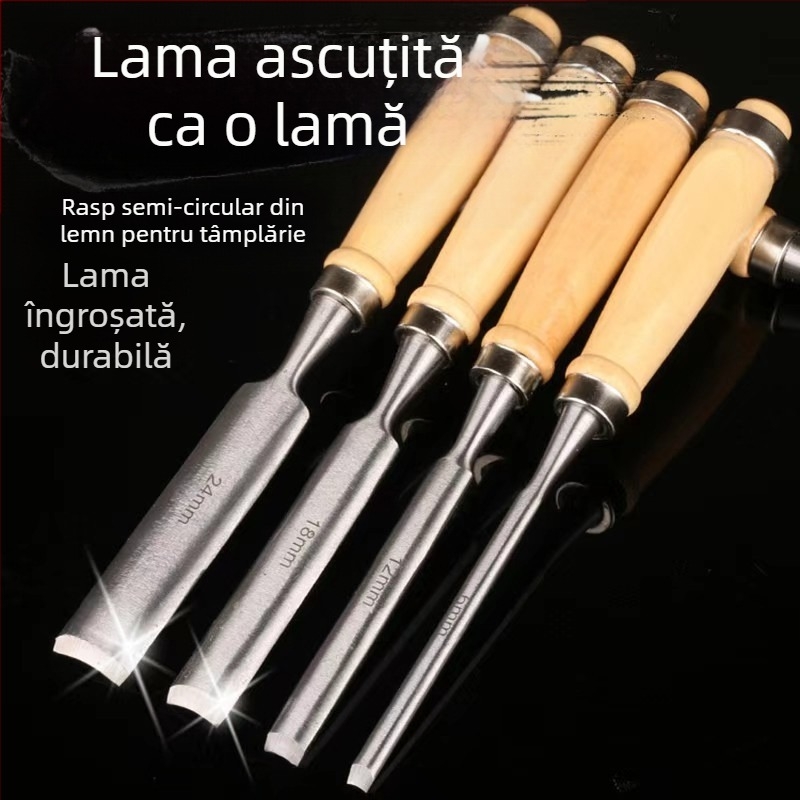 Set de 4 dălți semicirculare pentru tâmplărie, lamă din oțel instrument, mâner din lemn, cap circular pentru sculptură în lemn
