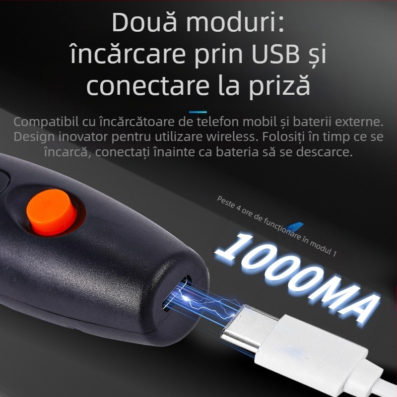 Burghiu electric mini de precizie pentru gravură pe jad și lemn, gravură și lustruire (baterie Li-ion reîncărcabilă, 3.7V–5V, transmisie în trei trepte, cablu 1 m)