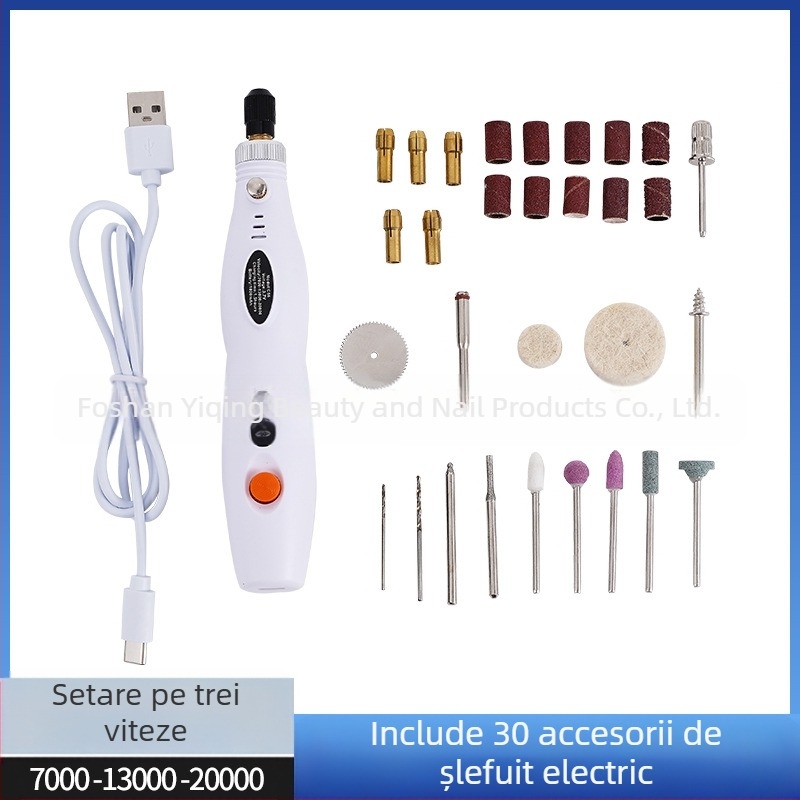 Burghiu electric mini de precizie pentru gravură pe jad și lemn, gravură și lustruire (baterie Li-ion reîncărcabilă, 3.7V–5V, transmisie în trei trepte, cablu 1 m)