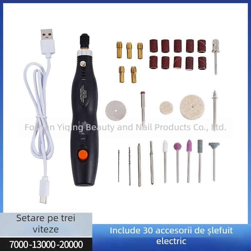 Burghiu electric mini de precizie pentru gravură pe jad și lemn, gravură și lustruire (baterie Li-ion reîncărcabilă, 3.7V–5V, transmisie în trei trepte, cablu 1 m)
