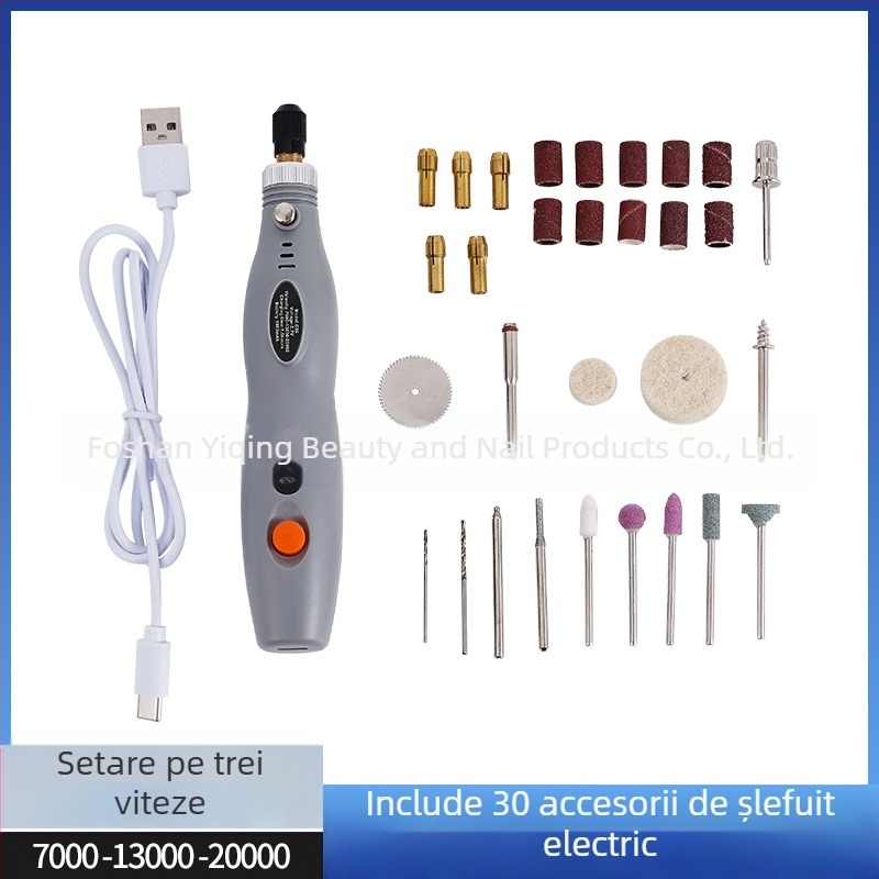 Burghiu electric mini de precizie pentru gravură pe jad și lemn, gravură și lustruire (baterie Li-ion reîncărcabilă, 3.7V–5V, transmisie în trei trepte, cablu 1 m)