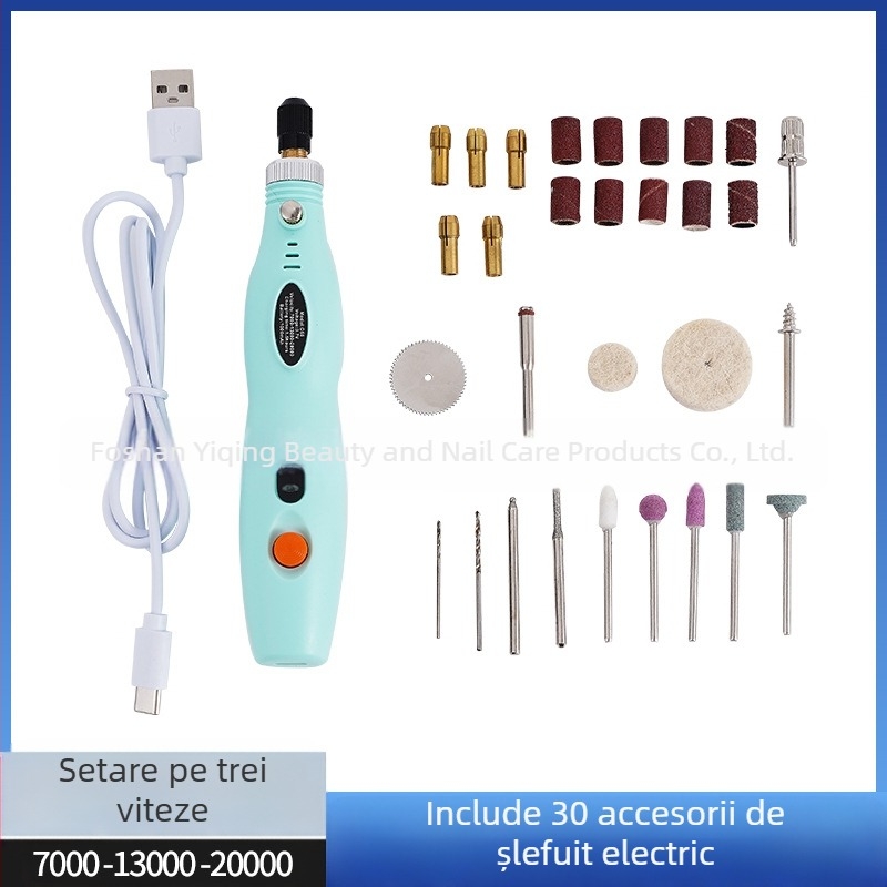 Burghiu electric mini de precizie pentru gravură pe jad și lemn, gravură și lustruire (baterie Li-ion reîncărcabilă, 3.7V–5V, transmisie în trei trepte, cablu 1 m)