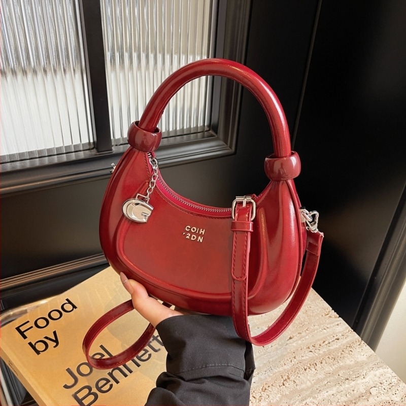 Geantă semilună PU, formă ovală, închidere cu fermoar, buzunar interior cu fermoar