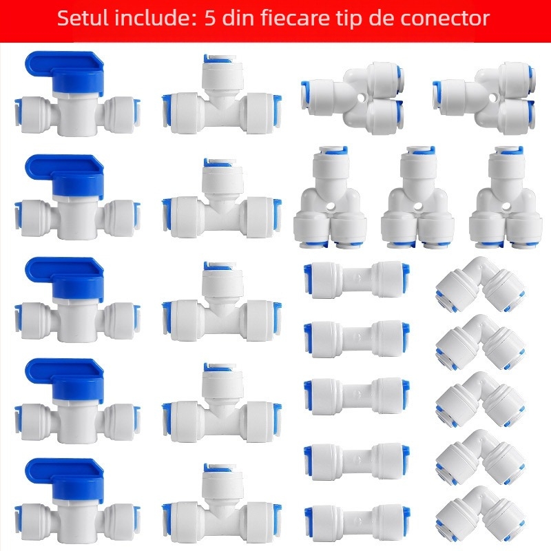 Conector pentru purificator de apă, filtrare în conducte – POM alimentar, 2 țevi PE, pentru mașină de gheață, aparat de cafea și boiler