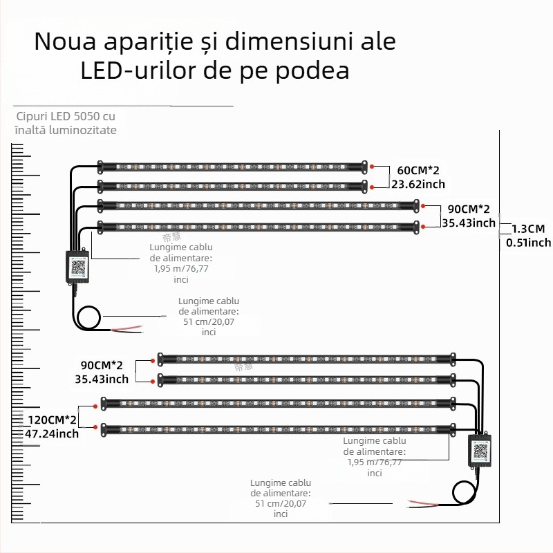 Lampă LED RGB pentru șasiu auto cu control Bluetooth APP și activare vocală, 12V, 15W, PVC