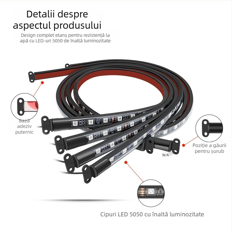 Lampă LED RGB pentru șasiu auto cu control Bluetooth APP și activare vocală, 12V, 15W, PVC