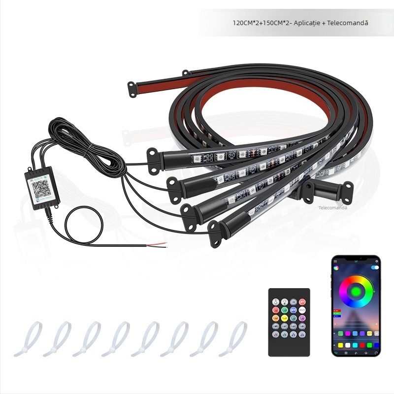 Lampă LED RGB pentru șasiu auto cu control Bluetooth APP și activare vocală, 12V, 15W, PVC