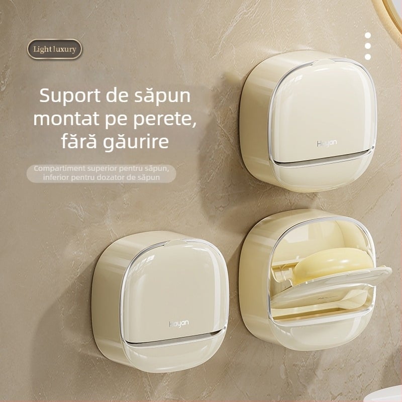 Dispozitiv de săpun montat pe perete, cu capac și drenaj, ABS, montaj cu ventuză, imprimare logo, personalizare disponibilă