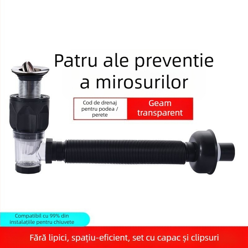 Ansamblu de drenaj cu clapetă, cu formă S pentru chiuvetă (model 2233) – universal, design modern minimalist