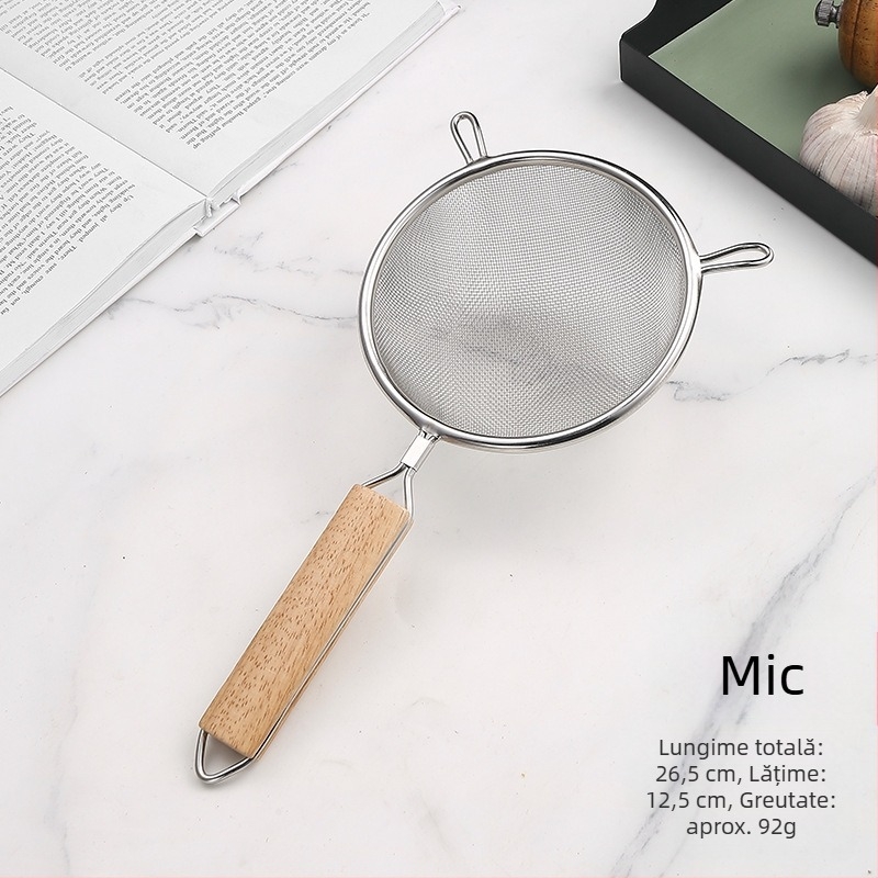Lingură de prăjit din oțel inoxidabil cu mâner din lemn, cap dublu, anti-alunecare, protecție împotriva arsurilor