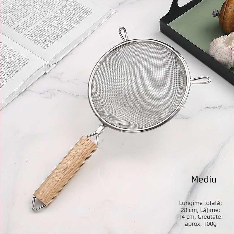 Lingură de prăjit din oțel inoxidabil cu mâner din lemn, cap dublu, anti-alunecare, protecție împotriva arsurilor