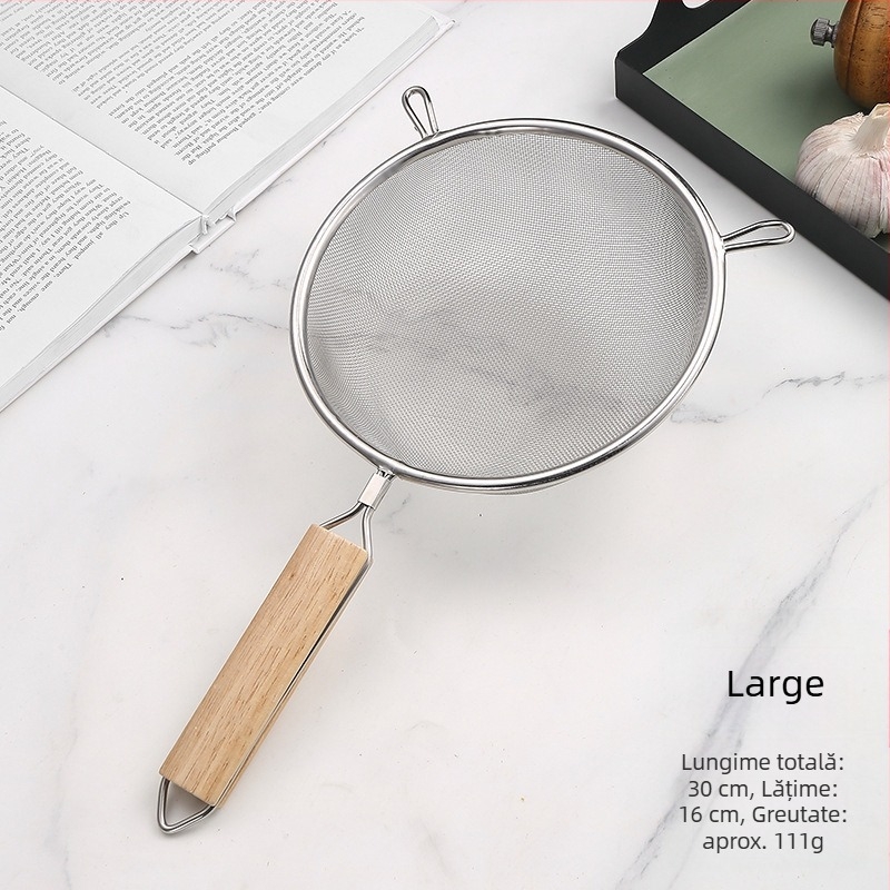 Lingură de prăjit din oțel inoxidabil cu mâner din lemn, cap dublu, anti-alunecare, protecție împotriva arsurilor