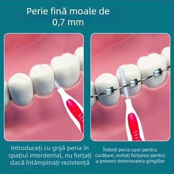 Periuță interdentală ortodontică, set 10 bucăți, peri ultra-fini moi, sârmă din oțel inoxidabil