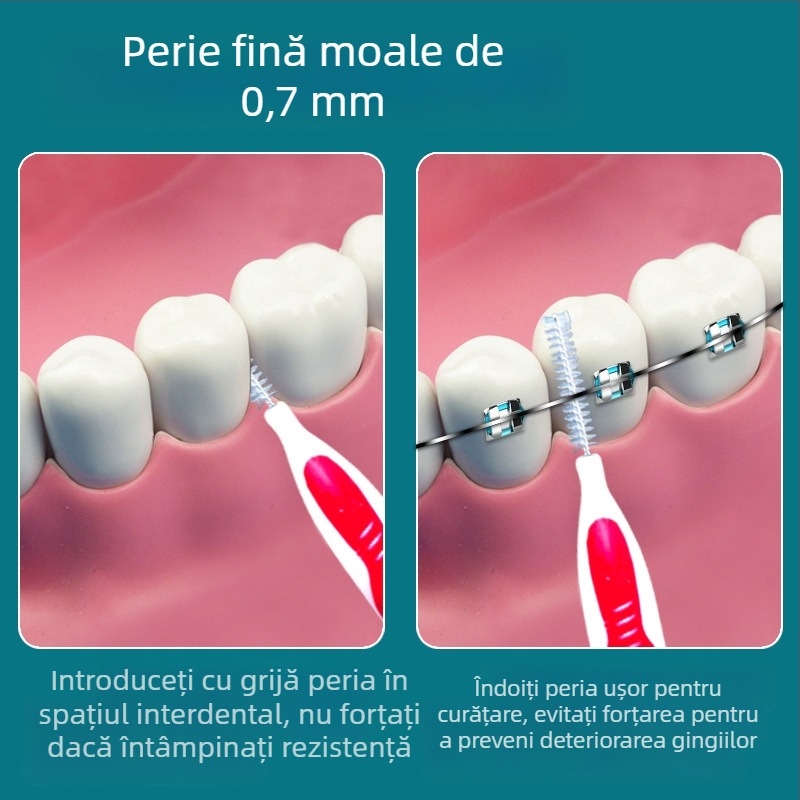 Periuță interdentală ortodontică, set 10 bucăți, peri ultra-fini moi, sârmă din oțel inoxidabil