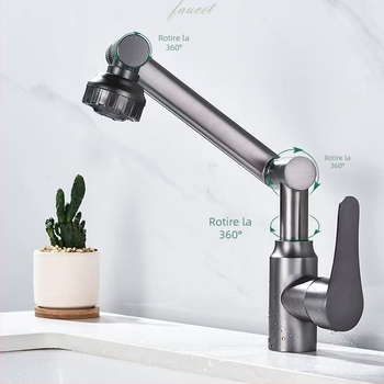 Robinet din oțel inoxidabil universal, rotativ pentru chiuveta de baie, model XMS-4090, supapă ceramică, 4 conexiuni intrare/ieșire, pentru apă caldă și rece