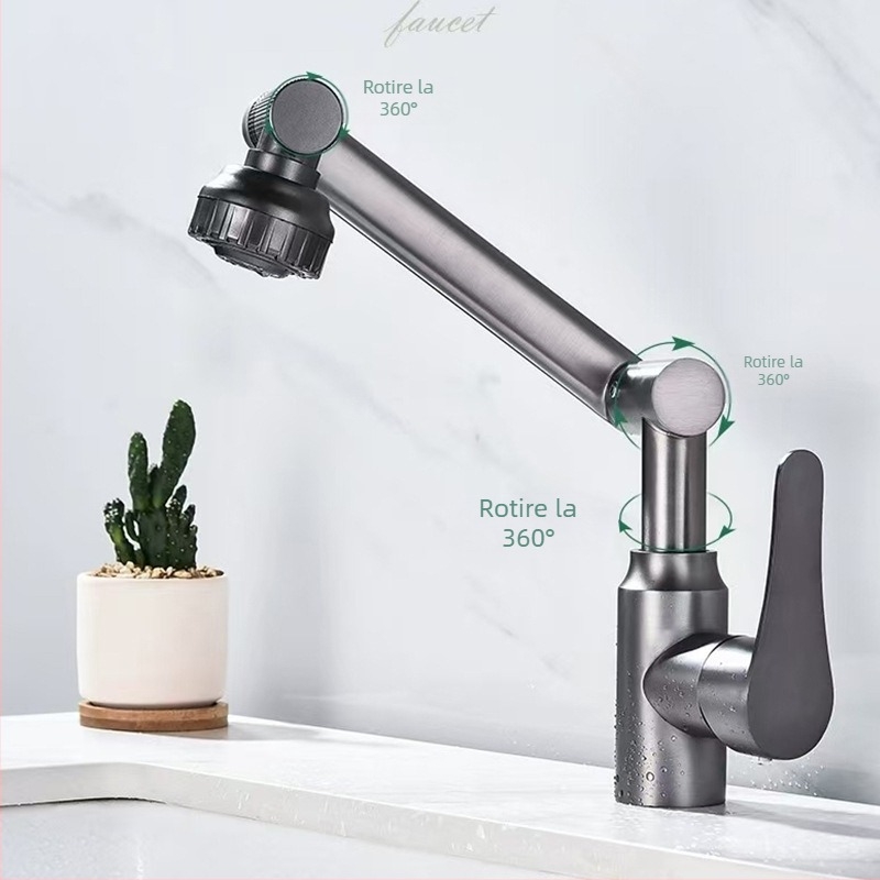 Robinet din oțel inoxidabil universal, rotativ pentru chiuveta de baie, model XMS-4090, supapă ceramică, 4 conexiuni intrare/ieșire, pentru apă caldă și rece